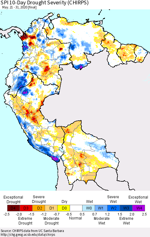 Northern South America SPI 10-Day Drought Severity (CHIRPS) Thematic Map For 5/21/2020 - 5/31/2020