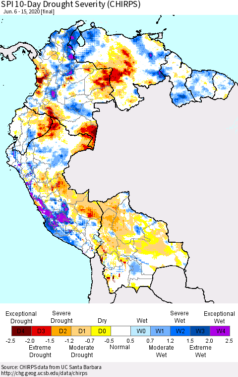 Northern South America SPI 10-Day Drought Severity (CHIRPS) Thematic Map For 6/6/2020 - 6/15/2020