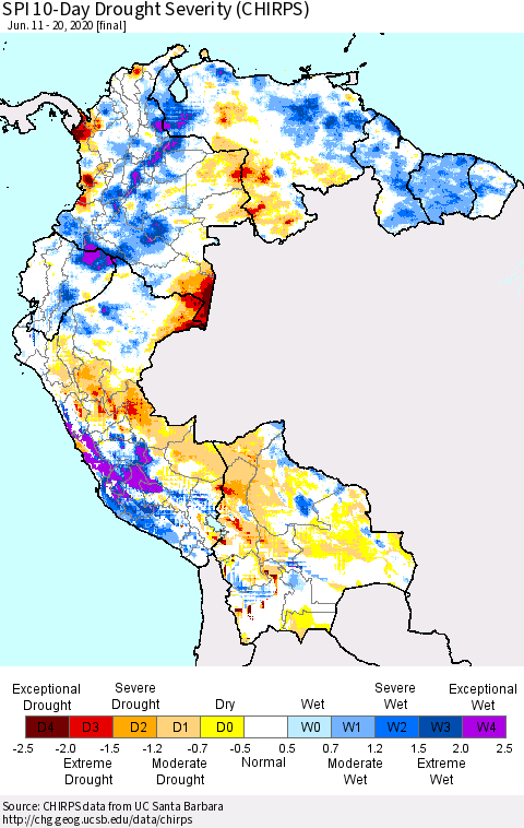 Northern South America SPI 10-Day Drought Severity (CHIRPS) Thematic Map For 6/11/2020 - 6/20/2020