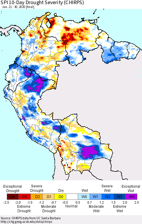Northern South America SPI 10-Day Drought Severity (CHIRPS) Thematic Map For 6/21/2020 - 6/30/2020