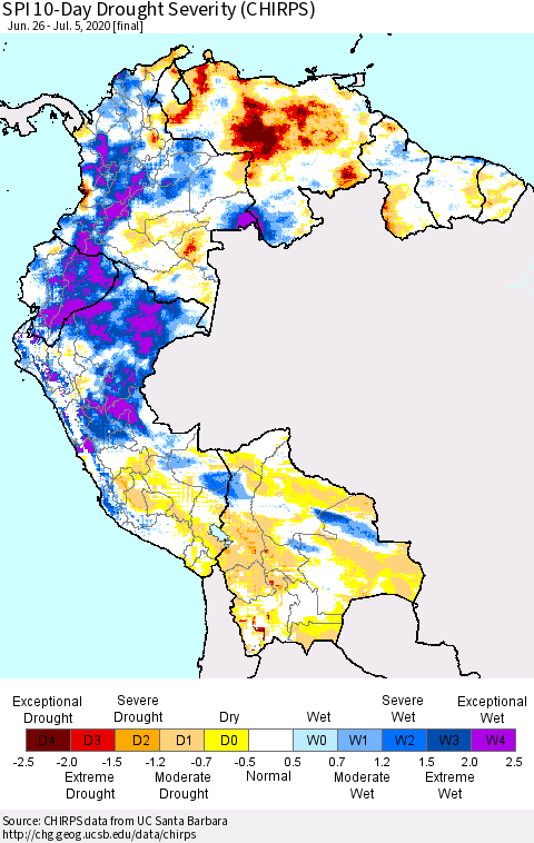 Northern South America SPI 10-Day Drought Severity (CHIRPS) Thematic Map For 6/26/2020 - 7/5/2020