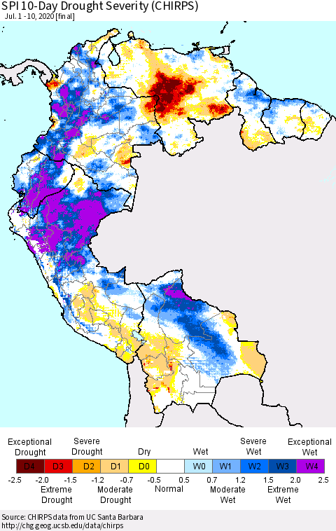 Northern South America SPI 10-Day Drought Severity (CHIRPS) Thematic Map For 7/1/2020 - 7/10/2020