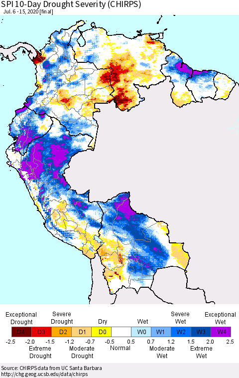 Northern South America SPI 10-Day Drought Severity (CHIRPS) Thematic Map For 7/6/2020 - 7/15/2020