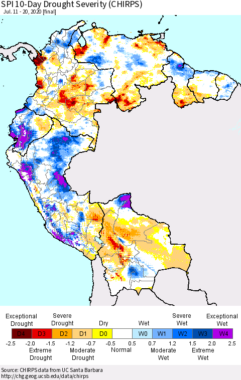 Northern South America SPI 10-Day Drought Severity (CHIRPS) Thematic Map For 7/11/2020 - 7/20/2020