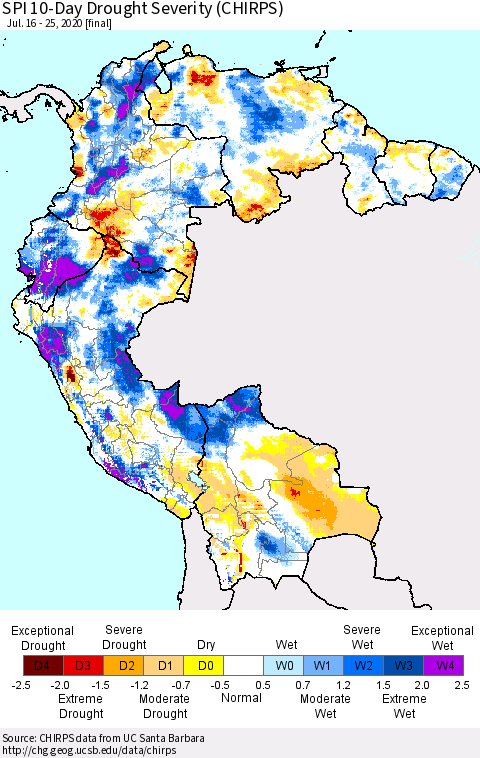 Northern South America SPI 10-Day Drought Severity (CHIRPS) Thematic Map For 7/16/2020 - 7/25/2020