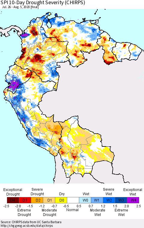 Northern South America SPI 10-Day Drought Severity (CHIRPS) Thematic Map For 7/26/2020 - 8/5/2020