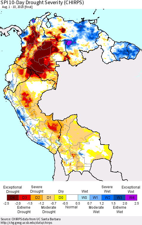 Northern South America SPI 10-Day Drought Severity (CHIRPS) Thematic Map For 8/1/2020 - 8/10/2020