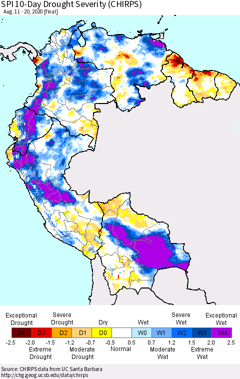 Northern South America SPI 10-Day Drought Severity (CHIRPS) Thematic Map For 8/11/2020 - 8/20/2020