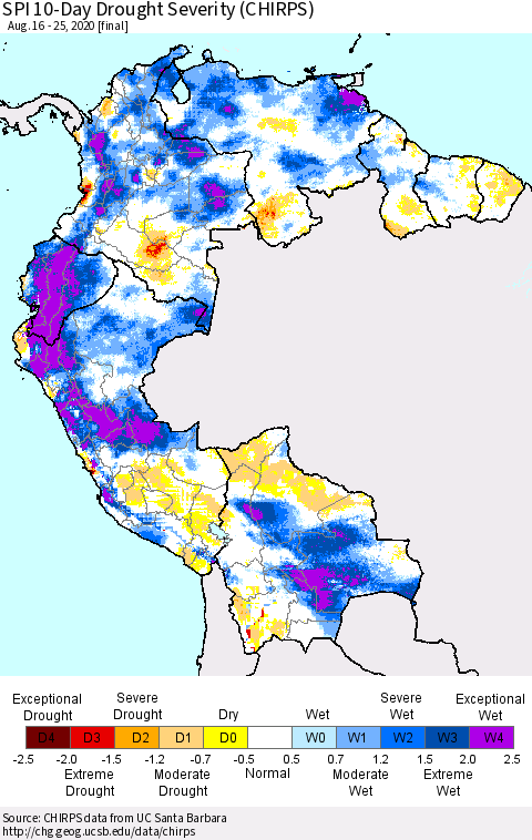Northern South America SPI 10-Day Drought Severity (CHIRPS) Thematic Map For 8/16/2020 - 8/25/2020
