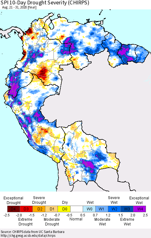 Northern South America SPI 10-Day Drought Severity (CHIRPS) Thematic Map For 8/21/2020 - 8/31/2020