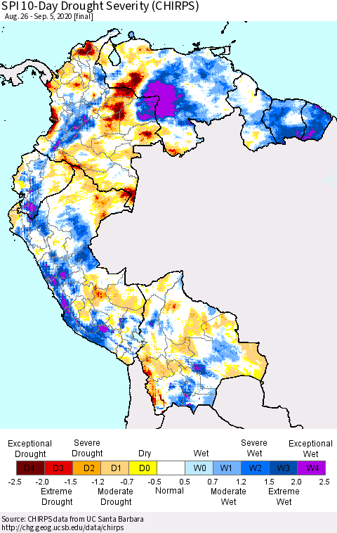 Northern South America SPI 10-Day Drought Severity (CHIRPS) Thematic Map For 8/26/2020 - 9/5/2020
