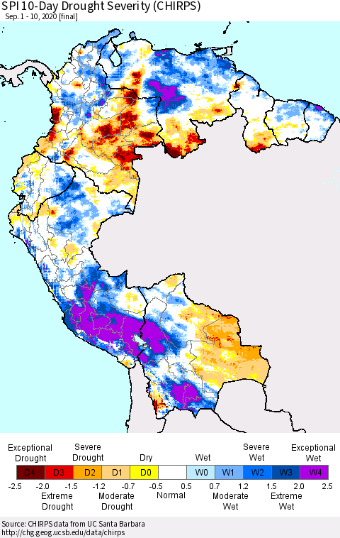 Northern South America SPI 10-Day Drought Severity (CHIRPS) Thematic Map For 9/1/2020 - 9/10/2020