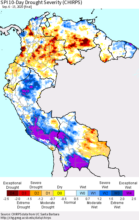 Northern South America SPI 10-Day Drought Severity (CHIRPS) Thematic Map For 9/6/2020 - 9/15/2020