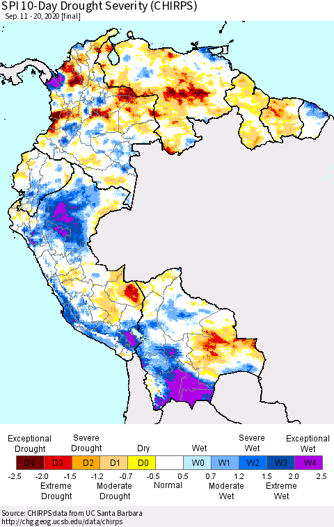 Northern South America SPI 10-Day Drought Severity (CHIRPS) Thematic Map For 9/11/2020 - 9/20/2020