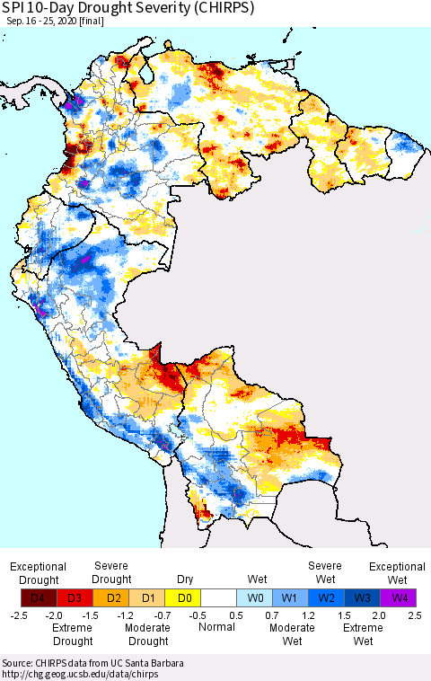 Northern South America SPI 10-Day Drought Severity (CHIRPS) Thematic Map For 9/16/2020 - 9/25/2020