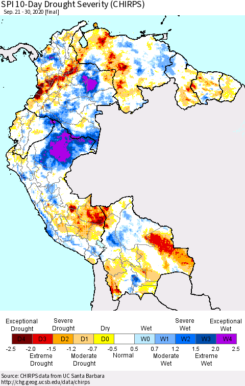 Northern South America SPI 10-Day Drought Severity (CHIRPS) Thematic Map For 9/21/2020 - 9/30/2020