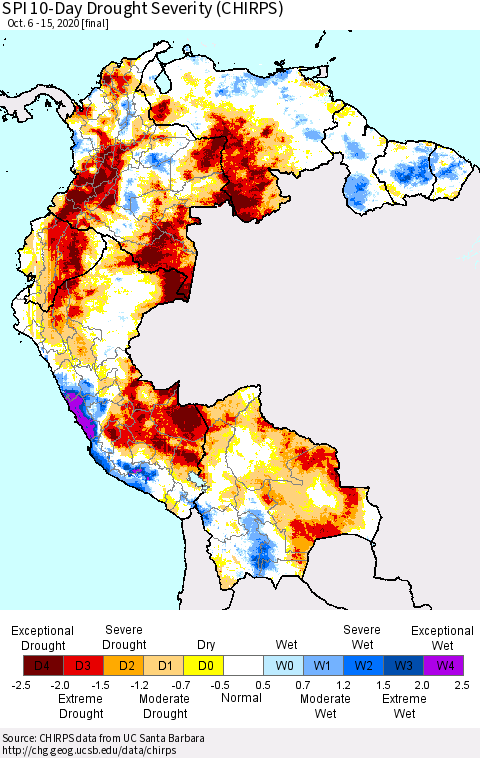 Northern South America SPI 10-Day Drought Severity (CHIRPS) Thematic Map For 10/6/2020 - 10/15/2020