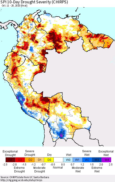 Northern South America SPI 10-Day Drought Severity (CHIRPS) Thematic Map For 10/11/2020 - 10/20/2020