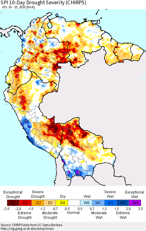 Northern South America SPI 10-Day Drought Severity (CHIRPS) Thematic Map For 10/16/2020 - 10/25/2020