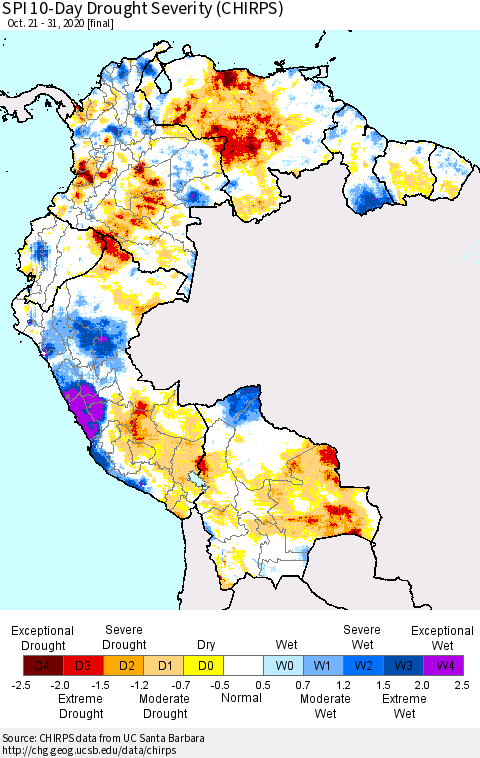 Northern South America SPI 10-Day Drought Severity (CHIRPS) Thematic Map For 10/21/2020 - 10/31/2020