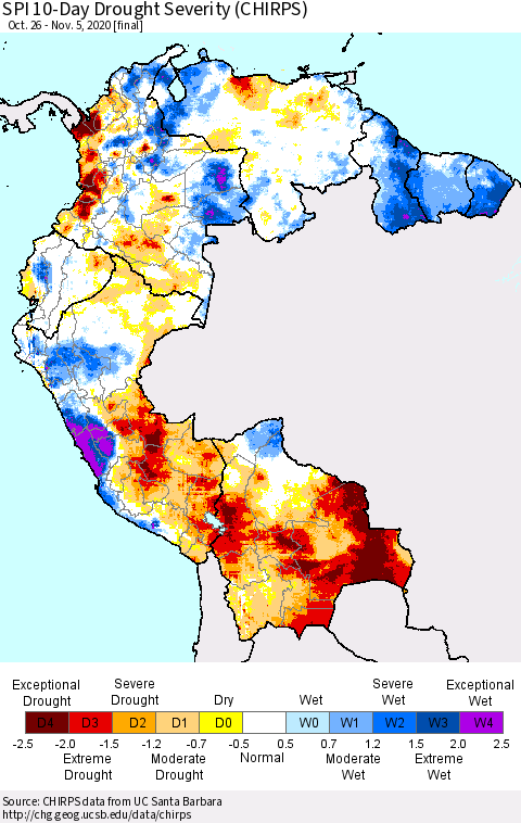 Northern South America SPI 10-Day Drought Severity (CHIRPS) Thematic Map For 10/26/2020 - 11/5/2020