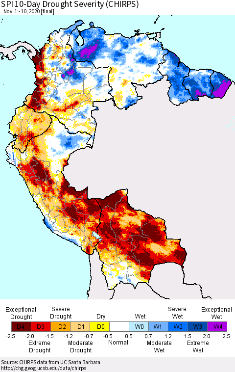 Northern South America SPI 10-Day Drought Severity (CHIRPS) Thematic Map For 11/1/2020 - 11/10/2020