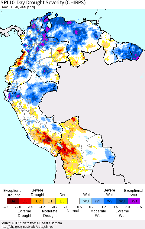 Northern South America SPI 10-Day Drought Severity (CHIRPS) Thematic Map For 11/11/2020 - 11/20/2020