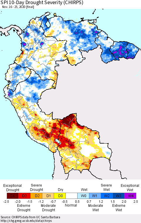 Northern South America SPI 10-Day Drought Severity (CHIRPS) Thematic Map For 11/16/2020 - 11/25/2020