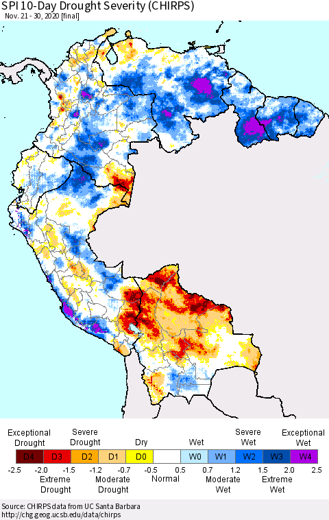 Northern South America SPI 10-Day Drought Severity (CHIRPS) Thematic Map For 11/21/2020 - 11/30/2020
