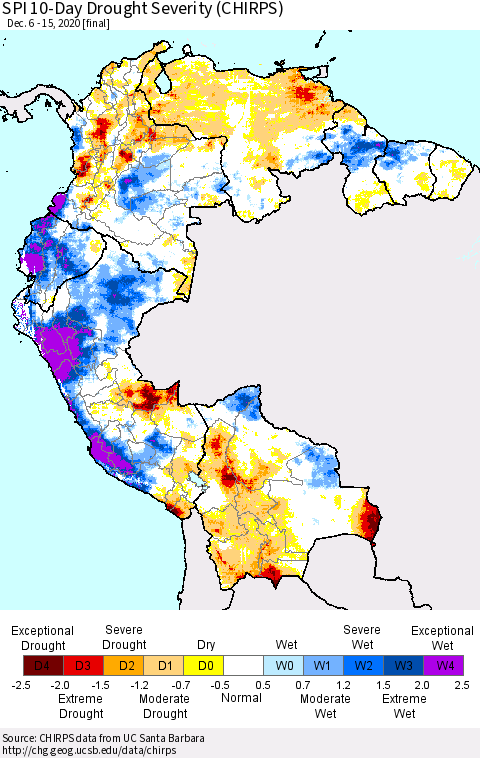 Northern South America SPI 10-Day Drought Severity (CHIRPS) Thematic Map For 12/6/2020 - 12/15/2020