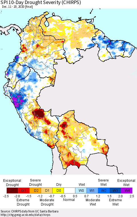 Northern South America SPI 10-Day Drought Severity (CHIRPS) Thematic Map For 12/11/2020 - 12/20/2020