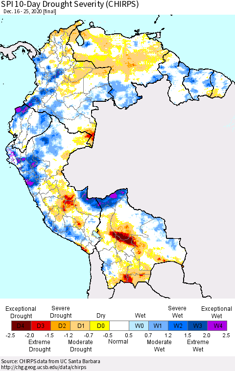 Northern South America SPI 10-Day Drought Severity (CHIRPS) Thematic Map For 12/16/2020 - 12/25/2020