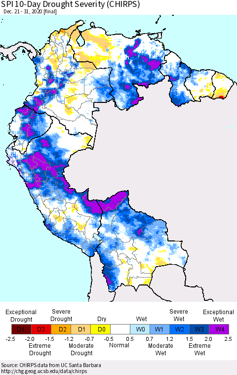 Northern South America SPI 10-Day Drought Severity (CHIRPS) Thematic Map For 12/21/2020 - 12/31/2020