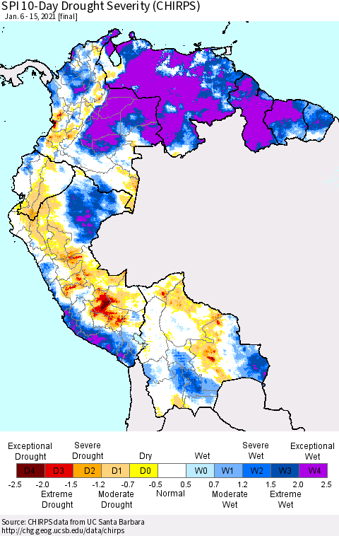 Northern South America SPI 10-Day Drought Severity (CHIRPS) Thematic Map For 1/6/2021 - 1/15/2021