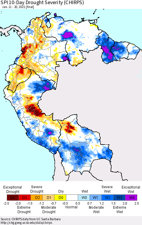 Northern South America SPI 10-Day Drought Severity (CHIRPS) Thematic Map For 1/11/2021 - 1/20/2021