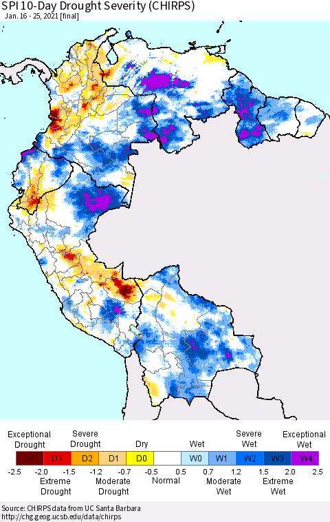 Northern South America SPI 10-Day Drought Severity (CHIRPS) Thematic Map For 1/16/2021 - 1/25/2021