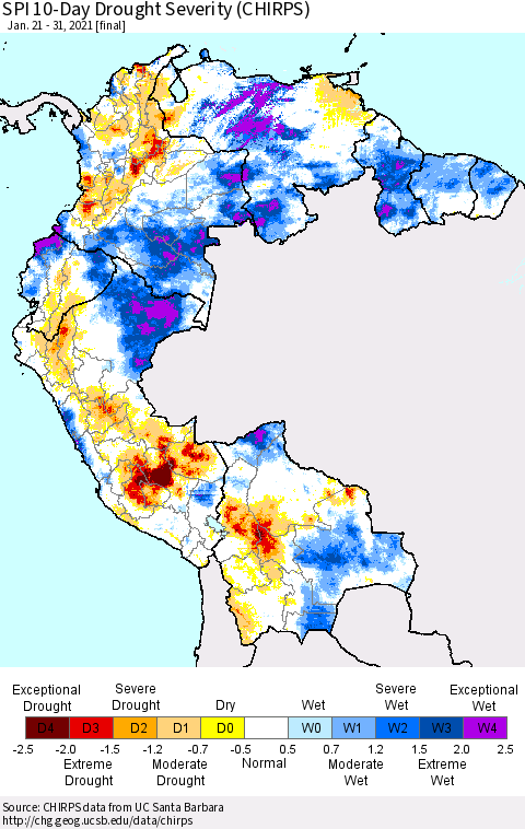 Northern South America SPI 10-Day Drought Severity (CHIRPS) Thematic Map For 1/21/2021 - 1/31/2021