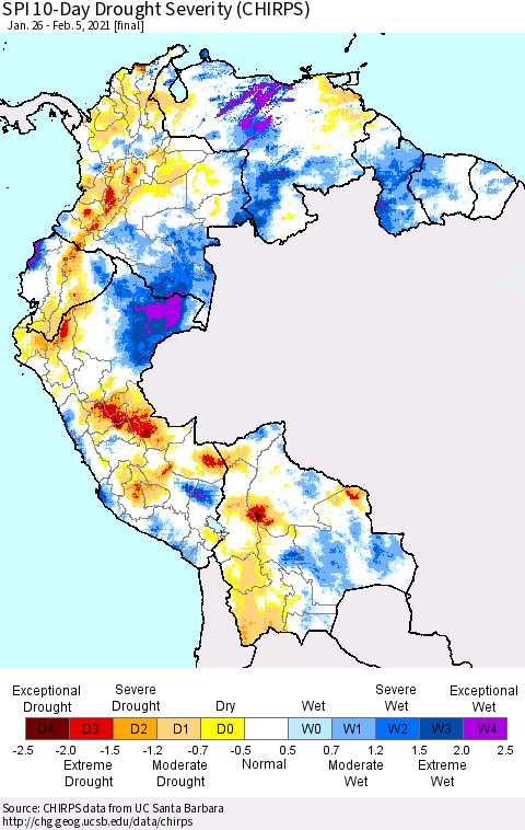 Northern South America SPI 10-Day Drought Severity (CHIRPS) Thematic Map For 1/26/2021 - 2/5/2021