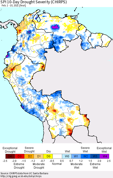 Northern South America SPI 10-Day Drought Severity (CHIRPS) Thematic Map For 2/1/2021 - 2/10/2021
