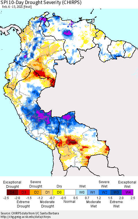 Northern South America SPI 10-Day Drought Severity (CHIRPS) Thematic Map For 2/6/2021 - 2/15/2021