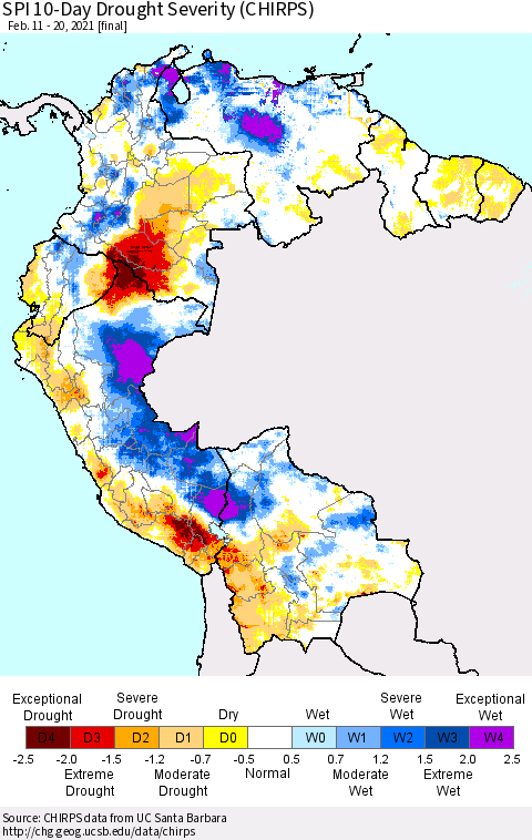 Northern South America SPI 10-Day Drought Severity (CHIRPS) Thematic Map For 2/11/2021 - 2/20/2021