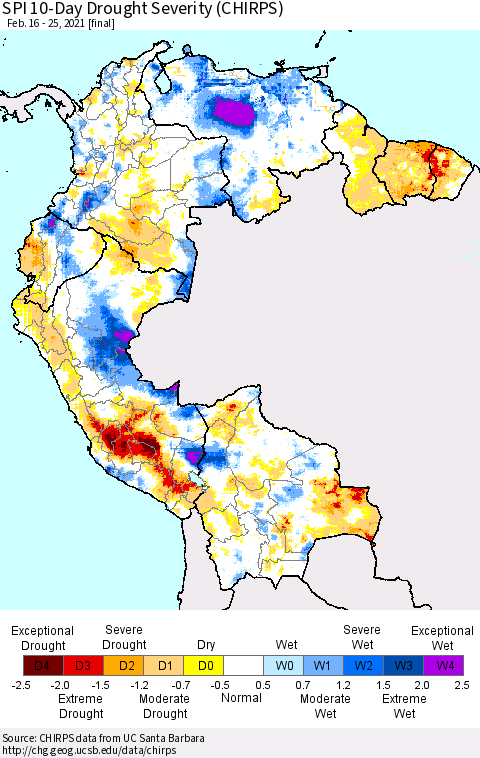 Northern South America SPI 10-Day Drought Severity (CHIRPS) Thematic Map For 2/16/2021 - 2/25/2021