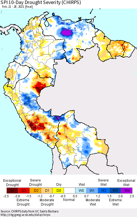 Northern South America SPI 10-Day Drought Severity (CHIRPS) Thematic Map For 2/21/2021 - 2/28/2021