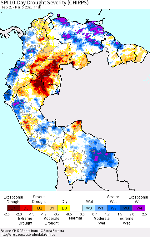 Northern South America SPI 10-Day Drought Severity (CHIRPS) Thematic Map For 2/26/2021 - 3/5/2021
