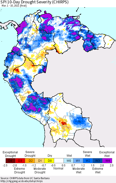 Northern South America SPI 10-Day Drought Severity (CHIRPS) Thematic Map For 3/1/2021 - 3/10/2021