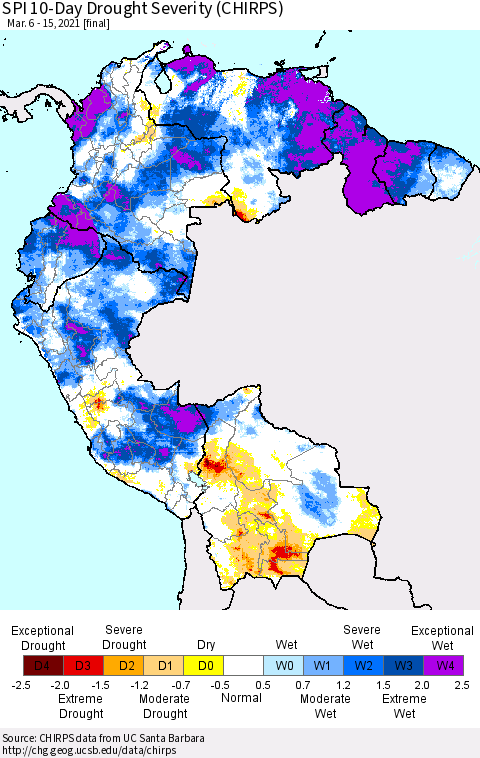 Northern South America SPI 10-Day Drought Severity (CHIRPS) Thematic Map For 3/6/2021 - 3/15/2021