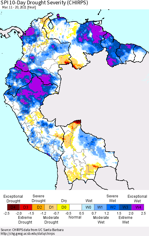 Northern South America SPI 10-Day Drought Severity (CHIRPS) Thematic Map For 3/11/2021 - 3/20/2021