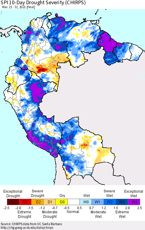 Northern South America SPI 10-Day Drought Severity (CHIRPS) Thematic Map For 3/21/2021 - 3/31/2021