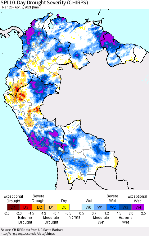 Northern South America SPI 10-Day Drought Severity (CHIRPS) Thematic Map For 3/26/2021 - 4/5/2021