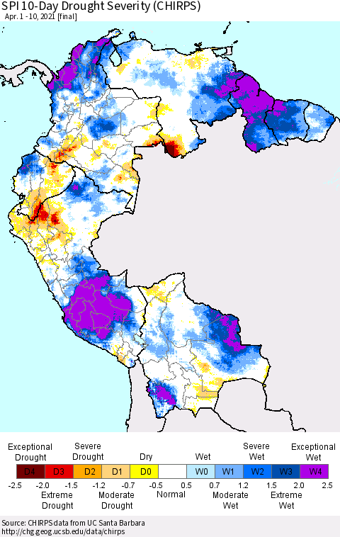 Northern South America SPI 10-Day Drought Severity (CHIRPS) Thematic Map For 4/1/2021 - 4/10/2021